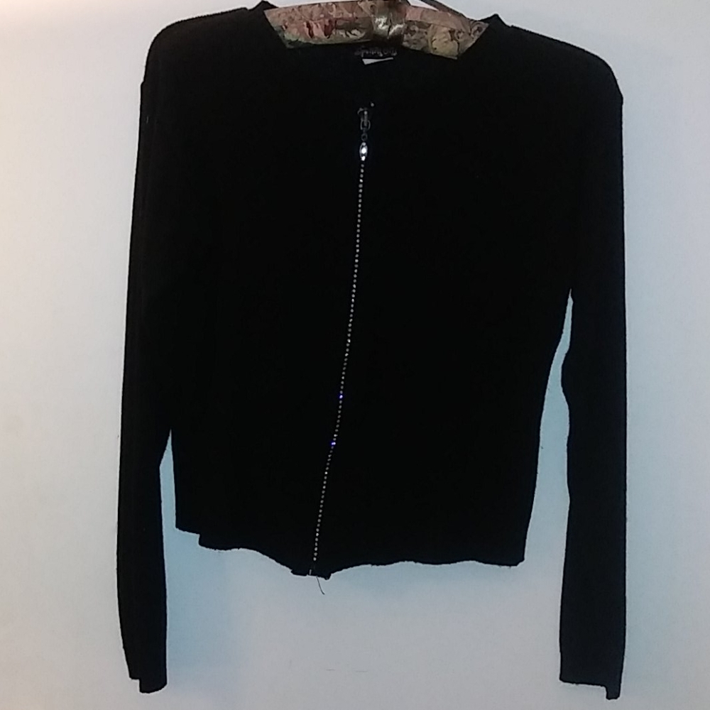 Black Rhinestone Zippered Knit Sweater Size Small